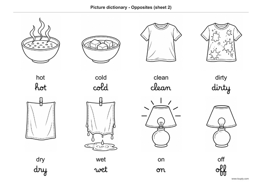 Bols chaud et froid, tee-shirts propre et sale, torchons sec et mouillé, lampes allumée et éteinte, mots en anglais, script et cursive, noir et blanc