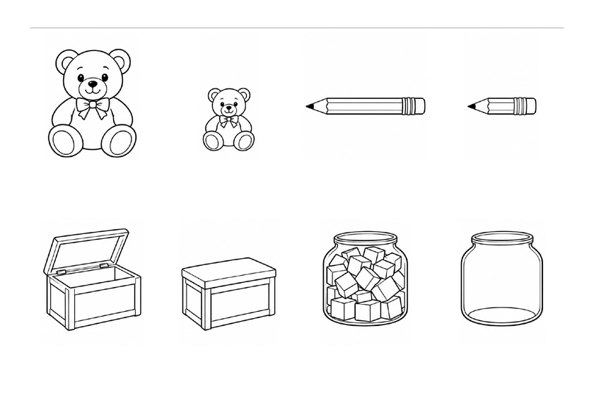 Oursons grand et petit, crayons long et court, coffres ouvert et fermé, bocaux plein et vide, sans texte, noir et blanc