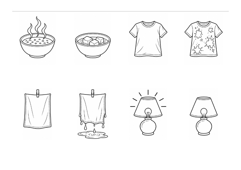 Bols chaud et froid, tee-shirts propre et sale, torchons sec et mouillé, lampes allumée et éteinte, sans texte, noir et blanc