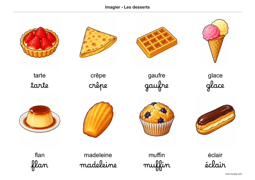 Tarte, crêpe, gaufre, glace, flan, madeleine, muffin et éclair, avec les mots en français, en script et cursive, couleur