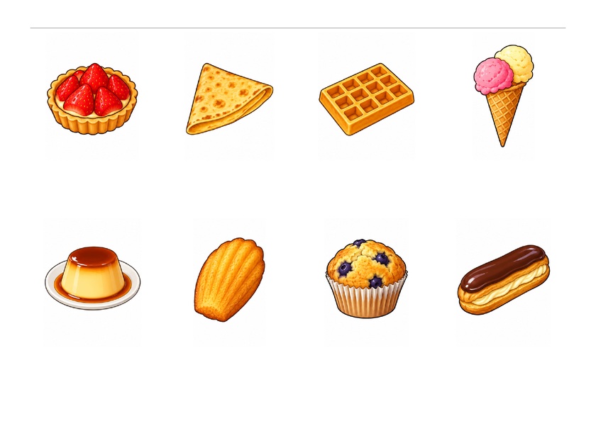 Huit images des desserts : tarte, crêpe, gaufre, glace, flan, madeleine, muffin et éclair, en couleur, sans mots imprimés