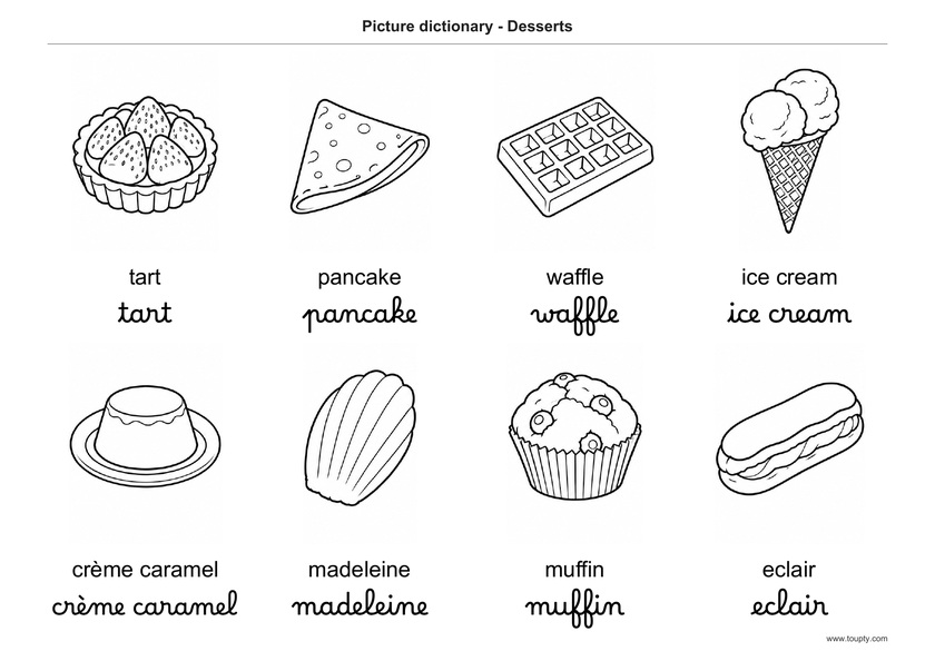 Tarte, crêpe, gaufre, glace, flan, madeleine, muffin et éclair, avec les mots en anglais, en script et cursive, noir et blanc