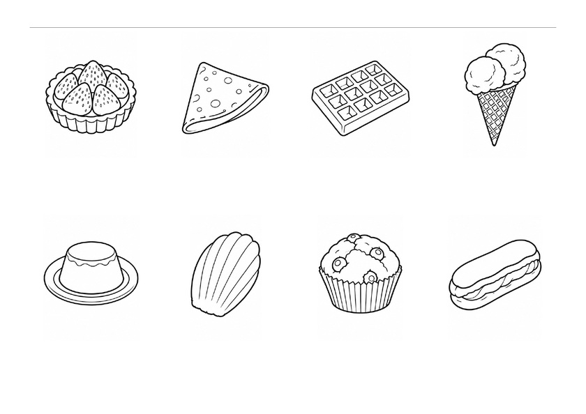 Huit images des desserts : tarte, crêpe, gaufre, glace, flan, madeleine, muffin et éclair, en noir et blanc, sans mots imprimés