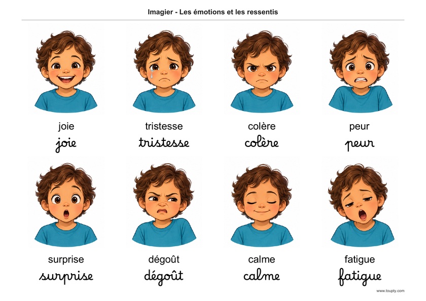 Huit portraits illustrant les émotions et ressentis, avec leurs noms en français, en script et cursive, couleur