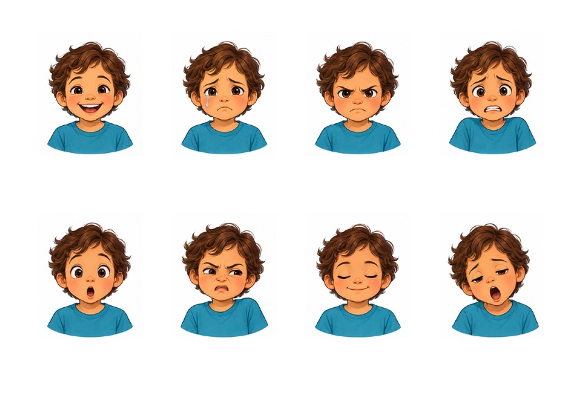 Huit portraits illustrant les émotions et ressentis, en couleur, sans mots