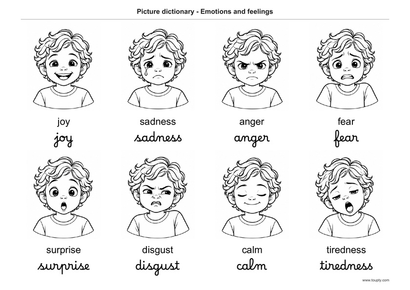Huit portraits illustrant les émotions et ressentis, avec leurs noms en anglais, en script et cursive, noir et blanc
