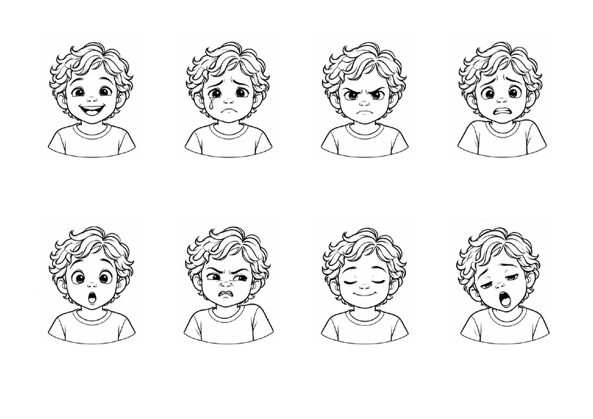 Huit portraits à colorier illustrant les émotions et ressentis, sans mots