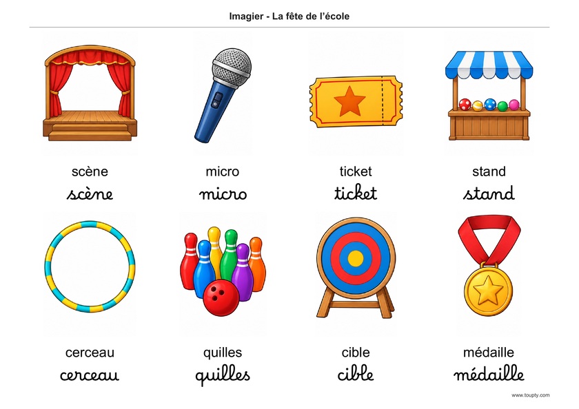 Scène, micro, ticket, stand, cerceau, quilles, cible et médaille, avec les mots en français, en script et cursive, couleur