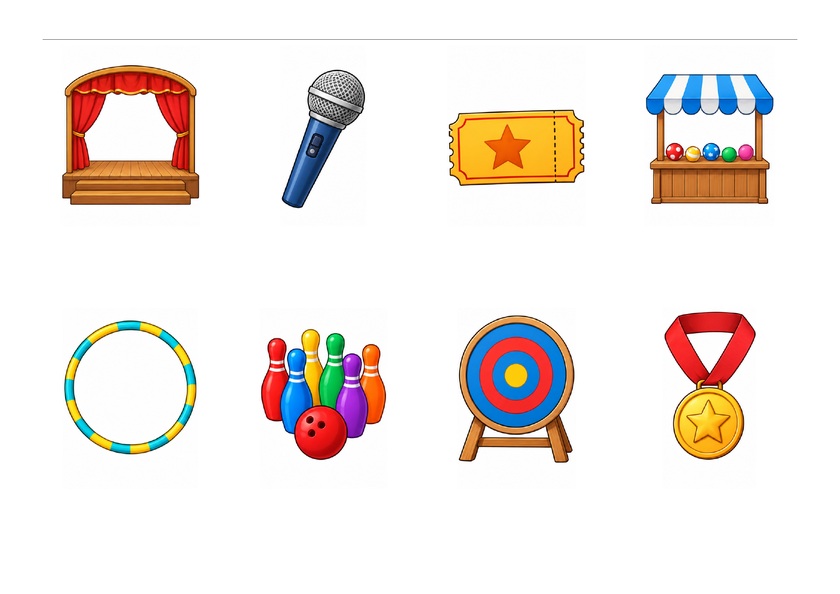 Huit images de la fête de l’école : scène, micro, ticket, stand, cerceau, quilles, cible et médaille, en couleur, sans mots imprimés