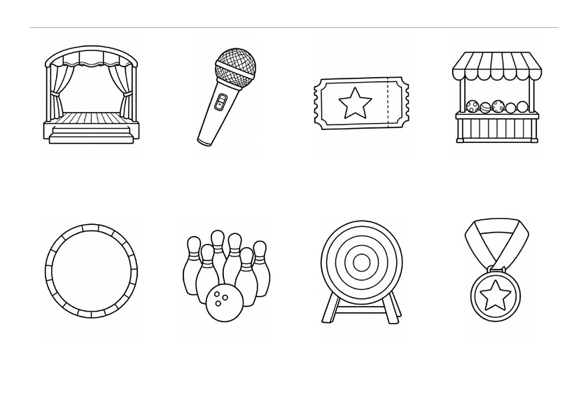Huit images de la fête de l’école : scène, micro, ticket, stand, cerceau, quilles, cible et médaille, en noir et blanc, sans mots imprimés