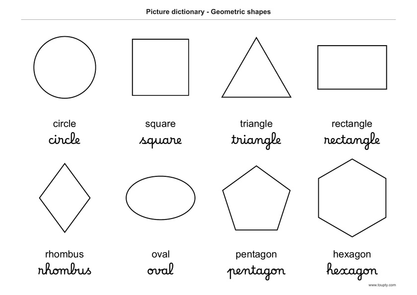 Cercle, carré, triangle, rectangle, losange, ovale, pentagone et hexagone, avec leurs noms en anglais, en script et cursive, noir et blanc