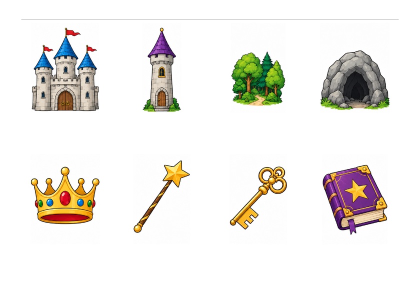 Huit images des lieux et objets des contes : château, tour, forêt, grotte, couronne, baguette, clé et grimoire, en couleur, sans mots imprimés