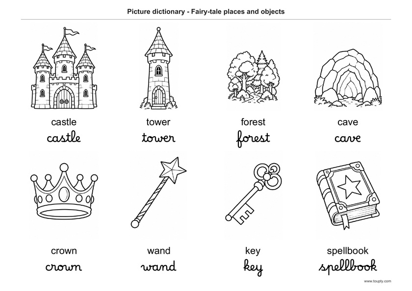 Château, tour, forêt, grotte, couronne, baguette, clé et grimoire, avec les mots en anglais, en script et cursive, noir et blanc