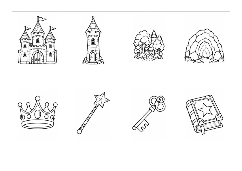Huit images des lieux et objets des contes : château, tour, forêt, grotte, couronne, baguette, clé et grimoire, en noir et blanc, sans mots imprimés