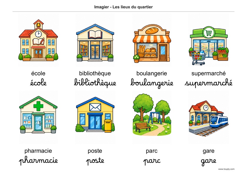 École, bibliothèque, boulangerie, supermarché, pharmacie, poste, parc et gare, avec les mots en français, en script et cursive, couleur