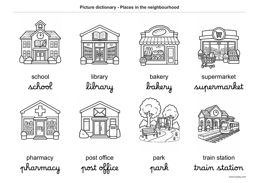 École, bibliothèque, boulangerie, supermarché, pharmacie, poste, parc et gare, avec les mots en anglais, en script et cursive, noir et blanc