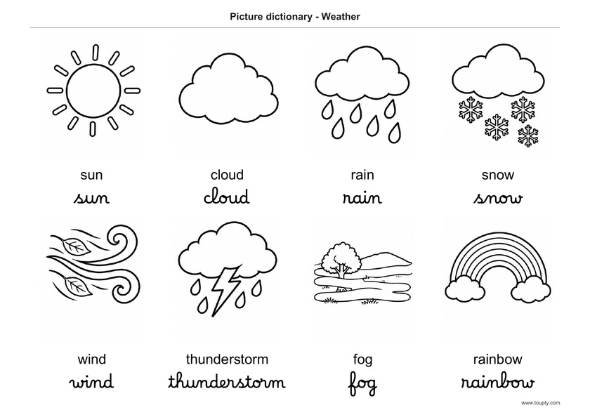 Huit images de la météo avec leurs noms en anglais, en script et cursive, noir et blanc