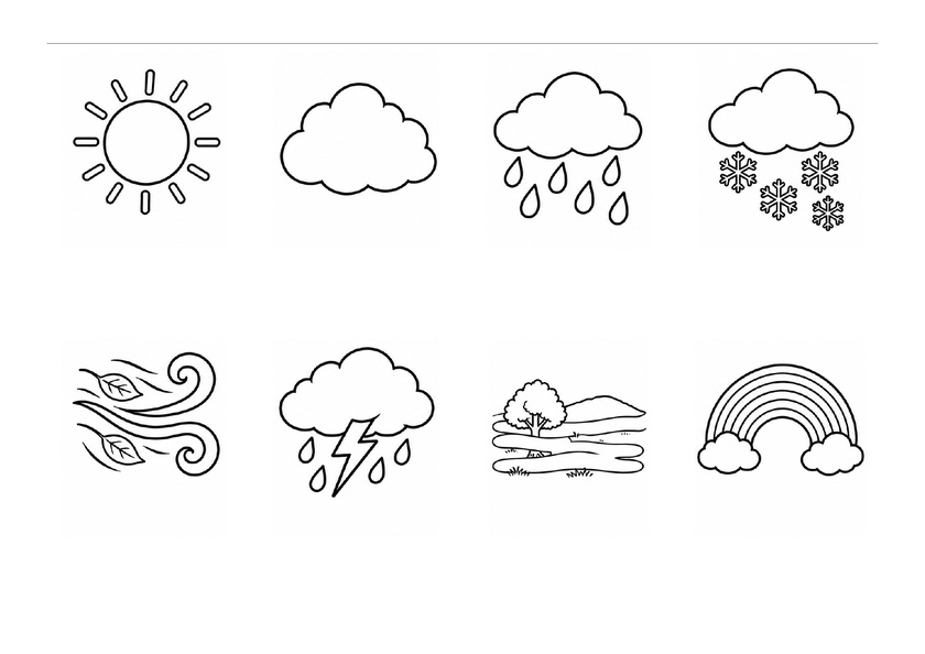 Huit images de la météo, en noir et blanc, sans mots