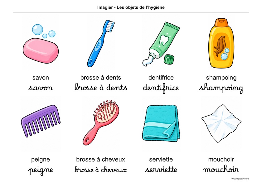 Savon, brosse à dents, dentifrice, shampoing, peigne, brosse à cheveux, serviette et mouchoir, avec les mots en français, en script et cursive, couleur