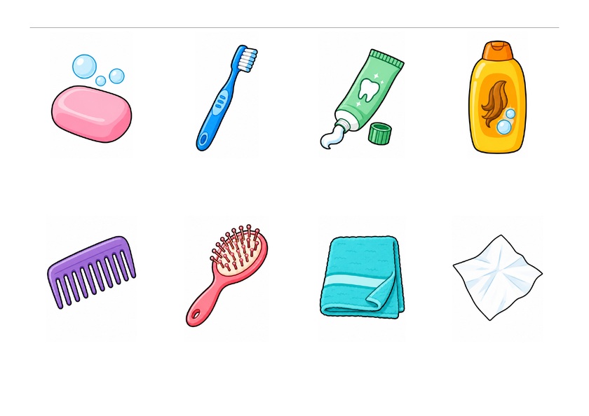 Huit objets de l’hygiène : savon, brosses, dentifrice, shampoing, peigne, serviette et mouchoir, en couleur, sans mots imprimés