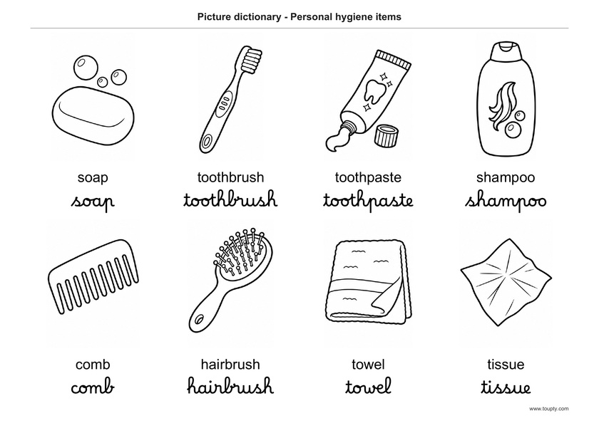 Savon, brosse à dents, dentifrice, shampoing, peigne, brosse à cheveux, serviette et mouchoir, avec les mots en anglais, en script et cursive, noir et blanc