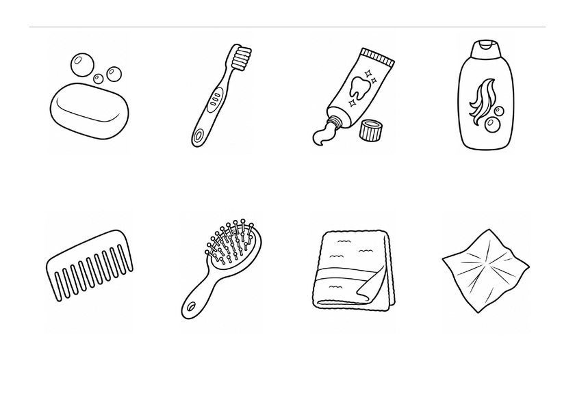 Huit objets de l’hygiène : savon, brosses, dentifrice, shampoing, peigne, serviette et mouchoir, en noir et blanc, sans mots imprimés