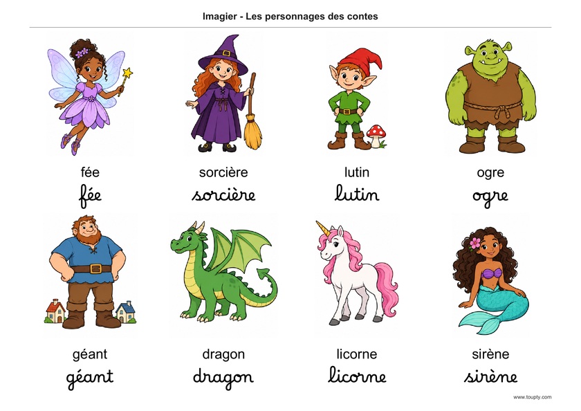 Fée, sorcière, lutin, ogre, géant, dragon, licorne et sirène, avec les mots en français, en script et cursive, couleur