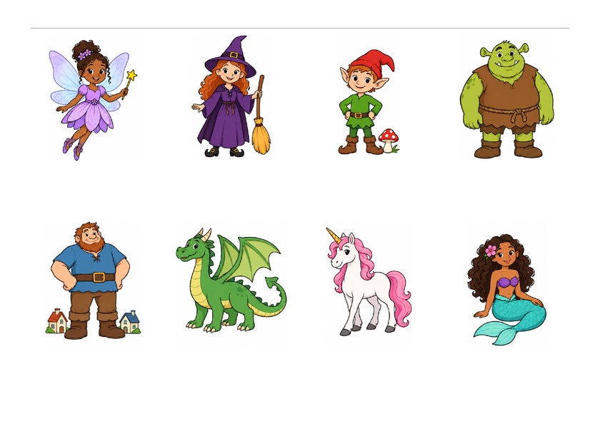 Huit images des personnages des contes : fée, sorcière, lutin, ogre, géant, dragon, licorne et sirène, en couleur, sans mots imprimés