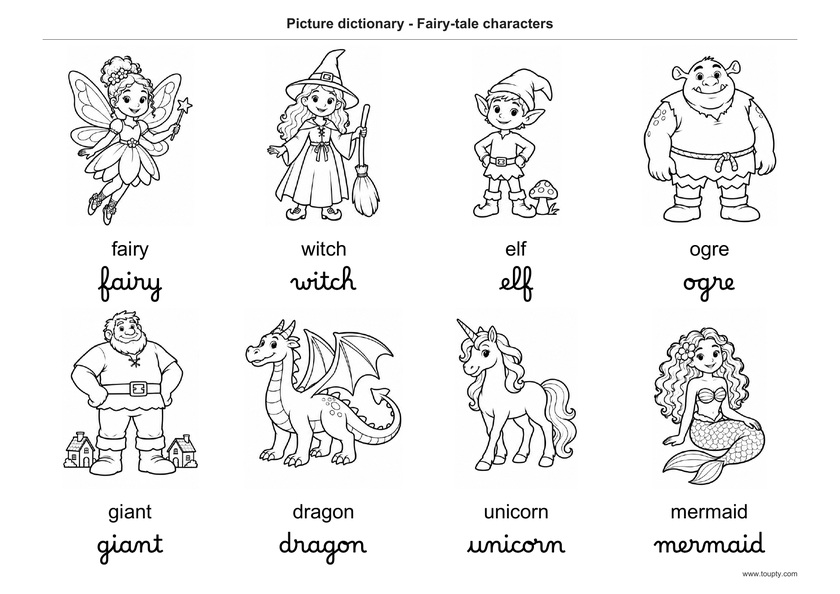Fée, sorcière, lutin, ogre, géant, dragon, licorne et sirène, avec les mots en anglais, en script et cursive, noir et blanc