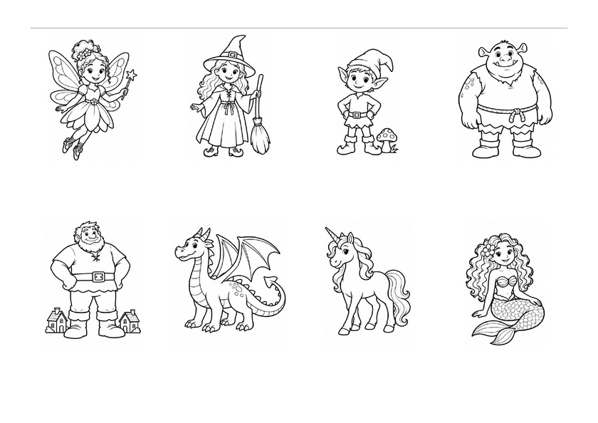 Huit images des personnages des contes : fée, sorcière, lutin, ogre, géant, dragon, licorne et sirène, en noir et blanc, sans mots imprimés