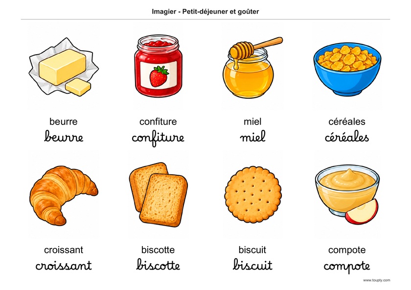 Beurre, confiture, miel, céréales, croissant, biscotte, biscuit et compote, avec les mots en français, en script et cursive, couleur