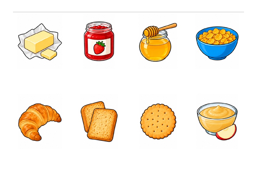 Huit images du petit-déjeuner et du goûter : beurre, confiture, miel, céréales, croissant, biscotte, biscuit et compote, en couleur, sans mots imprimés