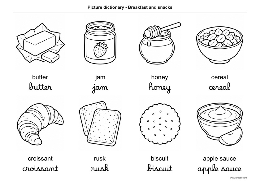 Beurre, confiture, miel, céréales, croissant, biscotte, biscuit et compote, avec les mots en anglais, en script et cursive, noir et blanc