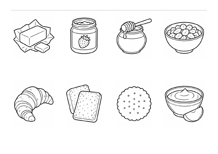 Huit images du petit-déjeuner et du goûter : beurre, confiture, miel, céréales, croissant, biscotte, biscuit et compote, en noir et blanc, sans mots imprimés