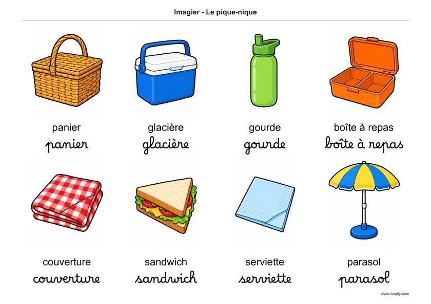 Panier, glacière, gourde, boîte à repas, couverture, sandwich, serviette et parasol, avec les mots en français, en script et cursive, couleur
