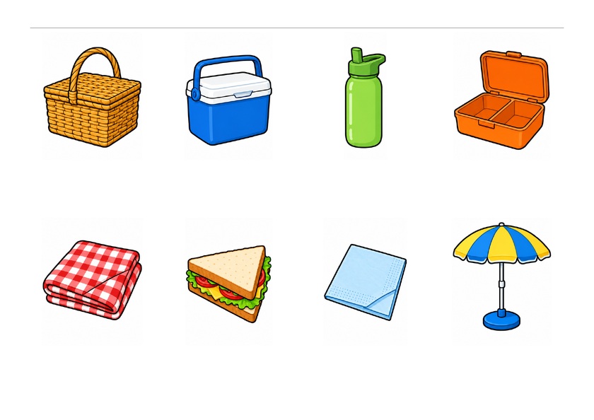 Huit images du pique-nique : panier, glacière, gourde, boîte à repas, couverture, sandwich, serviette et parasol, en couleur, sans mots imprimés