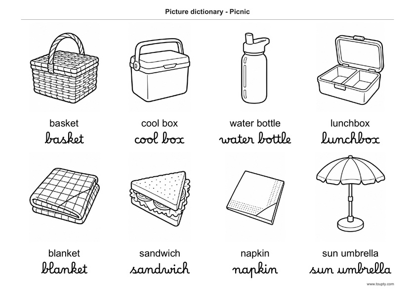 Panier, glacière, gourde, boîte à repas, couverture, sandwich, serviette et parasol, avec les mots en anglais, en script et cursive, noir et blanc