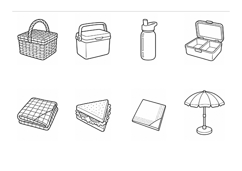 Huit images du pique-nique : panier, glacière, gourde, boîte à repas, couverture, sandwich, serviette et parasol, en noir et blanc, sans mots imprimés