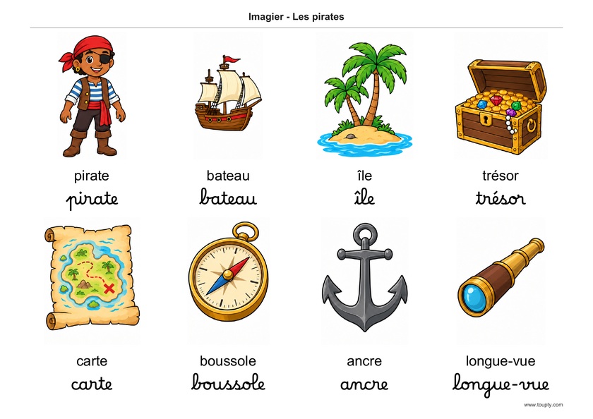 Pirate, bateau, île, trésor, carte, boussole, ancre et longue-vue, avec les mots en français, en script et cursive, couleur