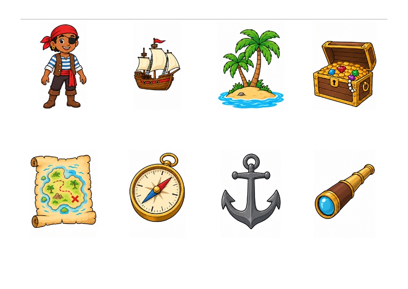 Huit images des pirates : pirate, bateau, île, trésor, carte, boussole, ancre et longue-vue, en couleur, sans mots imprimés