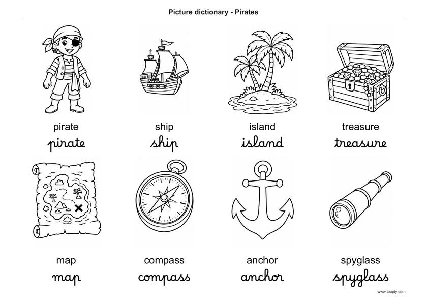 Pirate, bateau, île, trésor, carte, boussole, ancre et longue-vue, avec les mots en anglais, en script et cursive, noir et blanc