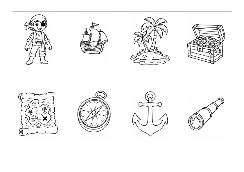 Huit images des pirates : pirate, bateau, île, trésor, carte, boussole, ancre et longue-vue, en noir et blanc, sans mots imprimés