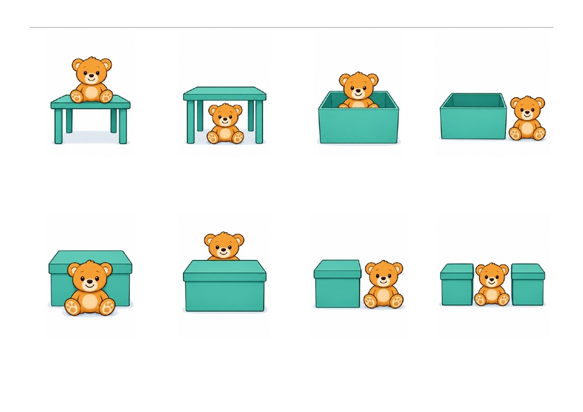 Ourson dans huit positions par rapport à une table ou à des boîtes, en couleur, sans mots imprimés