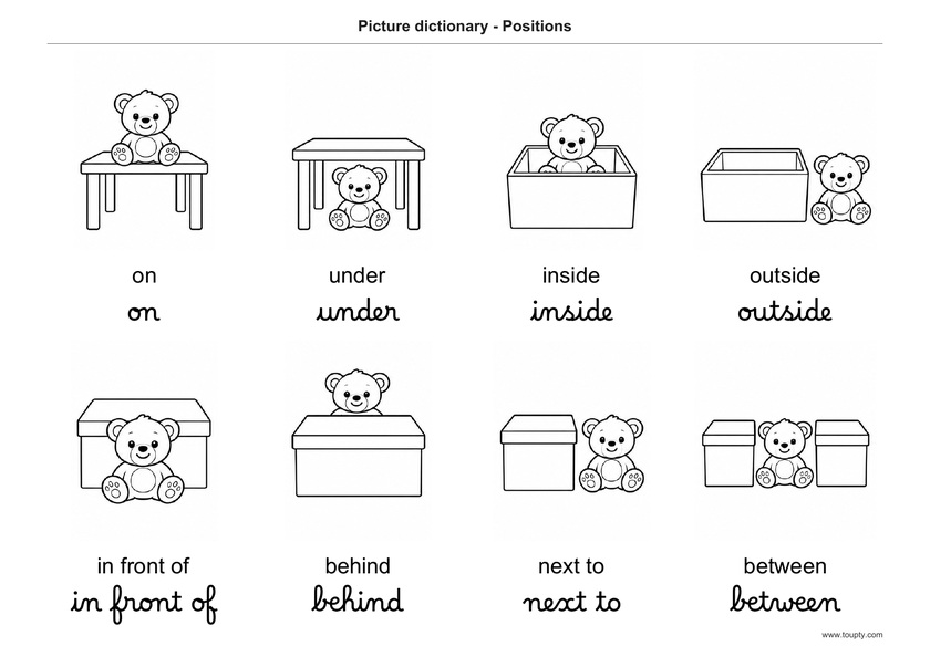 Ourson sur, sous, dedans, dehors, devant, derrière, à côté et entre, avec les mots en anglais, en script et cursive, noir et blanc