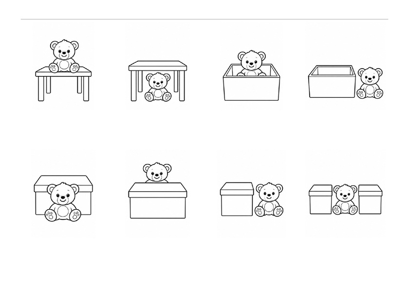 Ourson dans huit positions par rapport à une table ou à des boîtes, en noir et blanc, sans mots imprimés